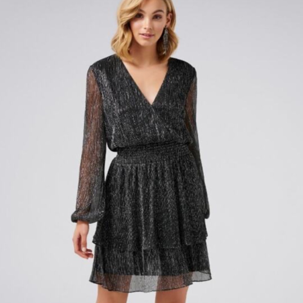 LOFT Black Metallic Long Sleeve Dress